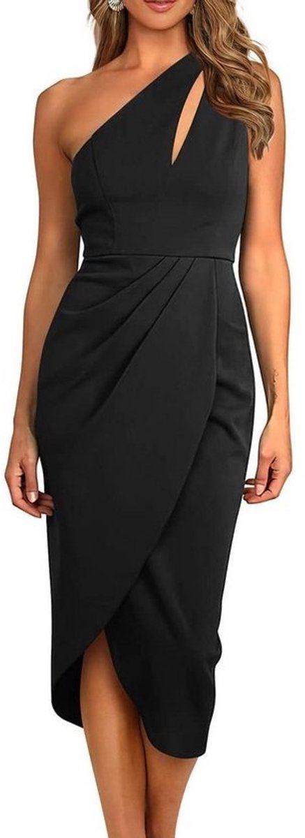 Elegante jurk met een opgeschoven schouder en een hoge split