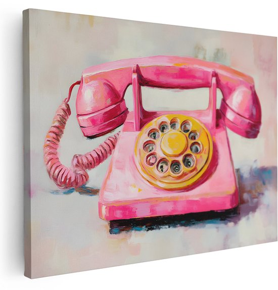 Roze vintage telefoon met gele draaischijf, geschilderd in popartstijl.