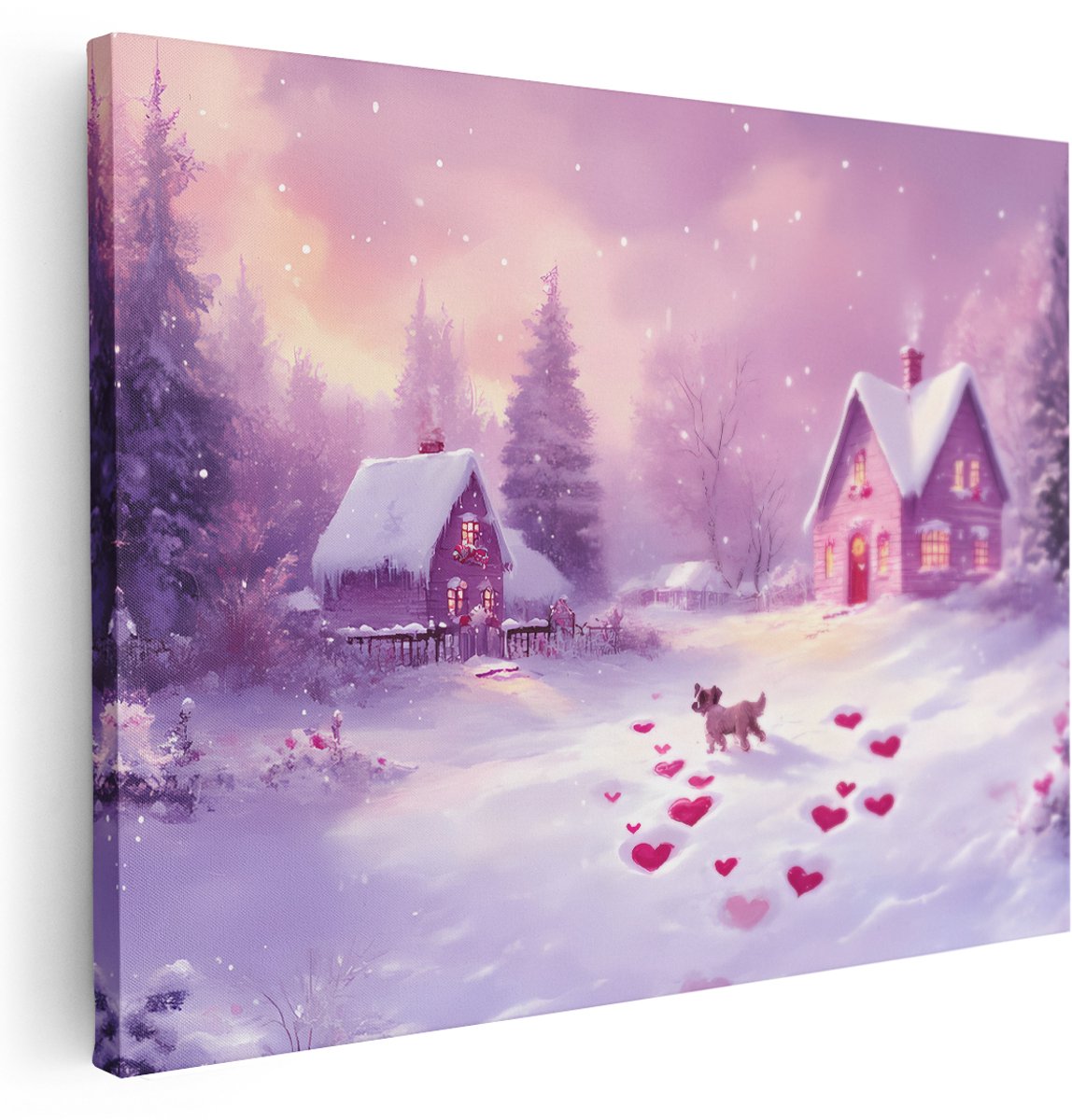 Artaza Canvas Schilderij Hondje In Sneeuw - 160x120 cm - Groot - Wanddecoratie Hartjespad - Muurdecoratie Winters Huisje - Decoratie Roze