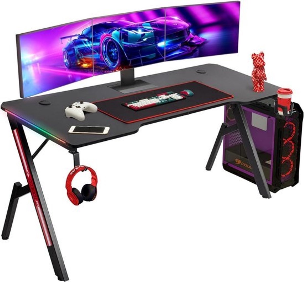 Groot Gamingbureau 160x60 cm met Koolstofvezel Buroblad - Ergonomisch Bureau met Accessoires