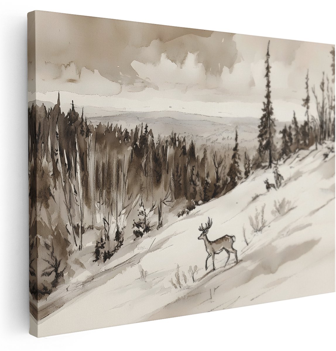Artaza Canvas Schilderij Winterlandschap - 160x120 cm - Groot - Wanddecoratie Hert In Sneeuw - Muurdecoratie Bos - Schilderijen Op Canvas