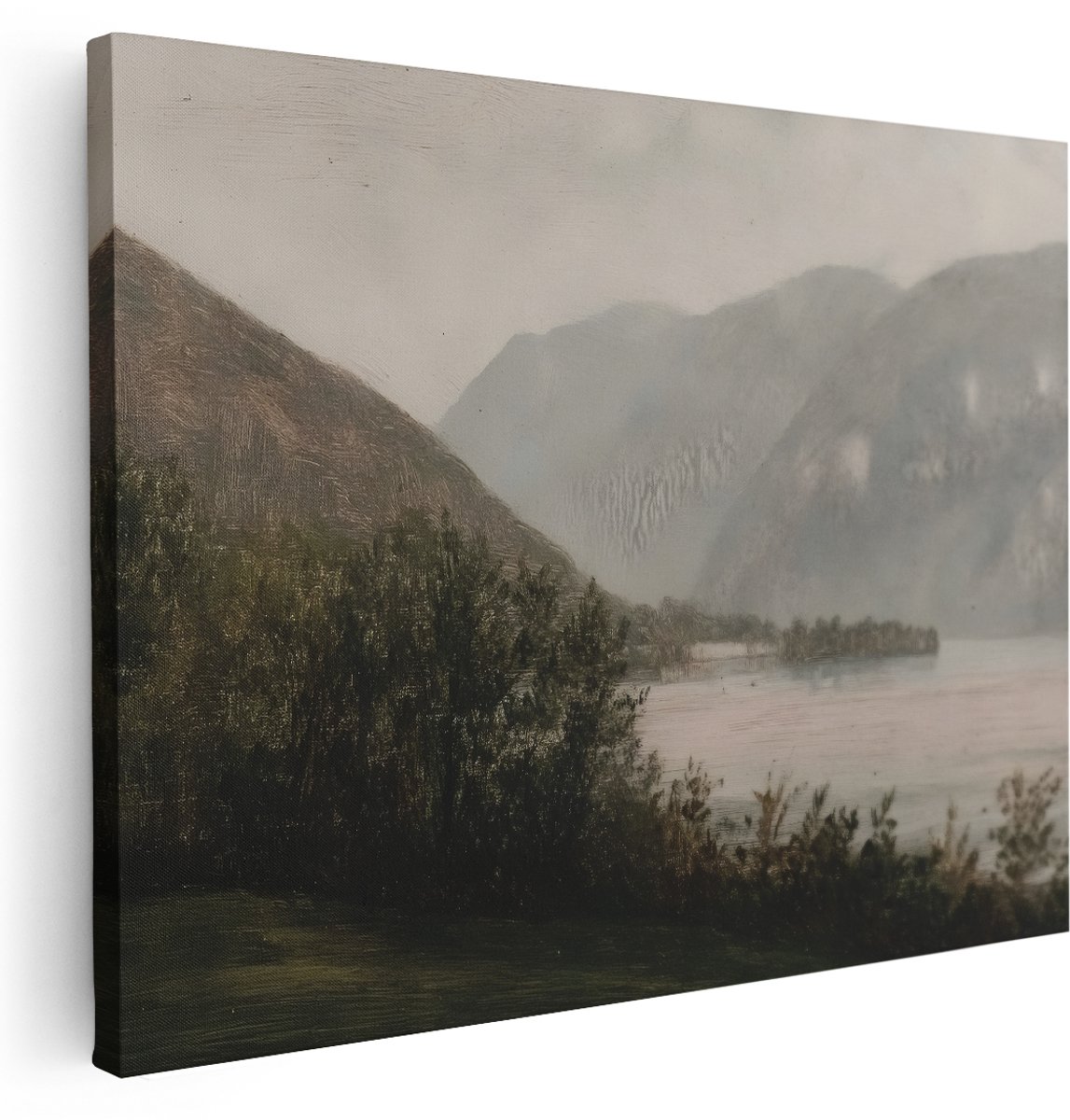 Artaza Canvas Schilderij Bergen - 160x120 cm - Groot - Wanddecoratie Natuur Landschap - Muurdecoratie Meer - Schilderijen Op Canvas Mistig