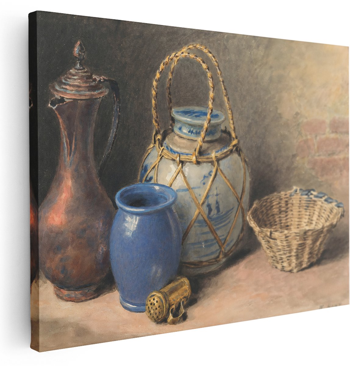 Artaza Canvas Schilderij Stilleven Delfts Blauw - 160x120 cm - Groot - Wanddecoratie Brocante - Muurdecoratie Aardewerk Kruik - Schilderijen Op Canvas