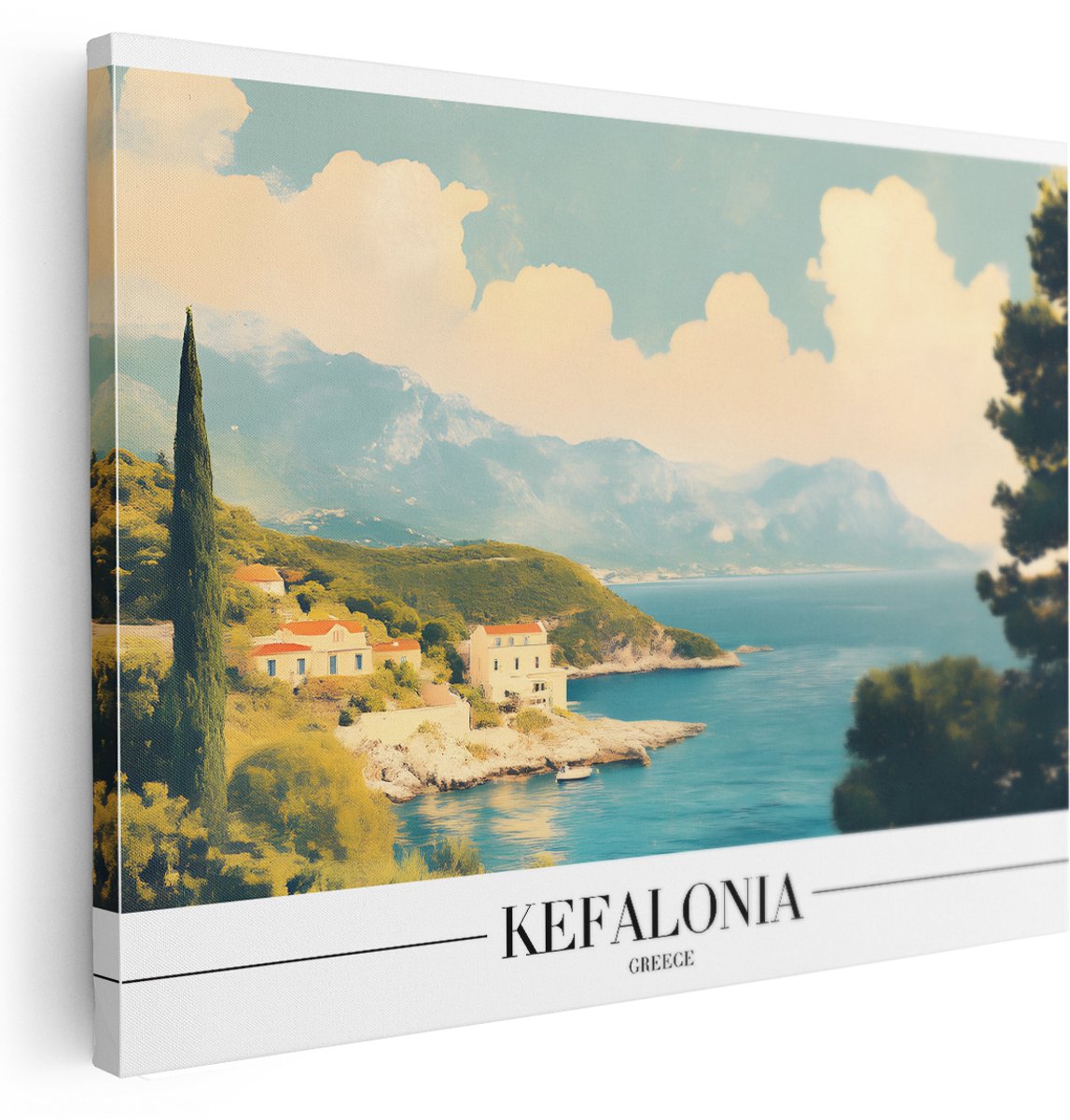 Artaza Canvas Schilderij Kustlandschap Griekenland - 160x120 cm - Groot - Wanddecoratie Kefalonia - Muurdecoratie Vintage Natuur - Schilderijen Op Canvas