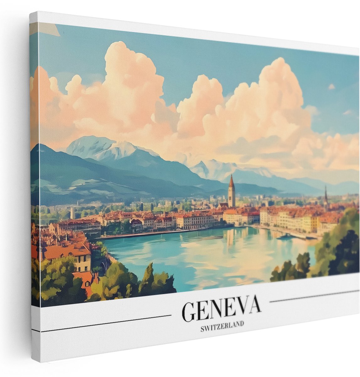Artaza Canvas Schilderij Skyline Genève - 160x120 cm - Groot - Wanddecoratie Stad Zwitserland - Muurdecoratie Bergen - Schilderijen Op Canvas Landschap
