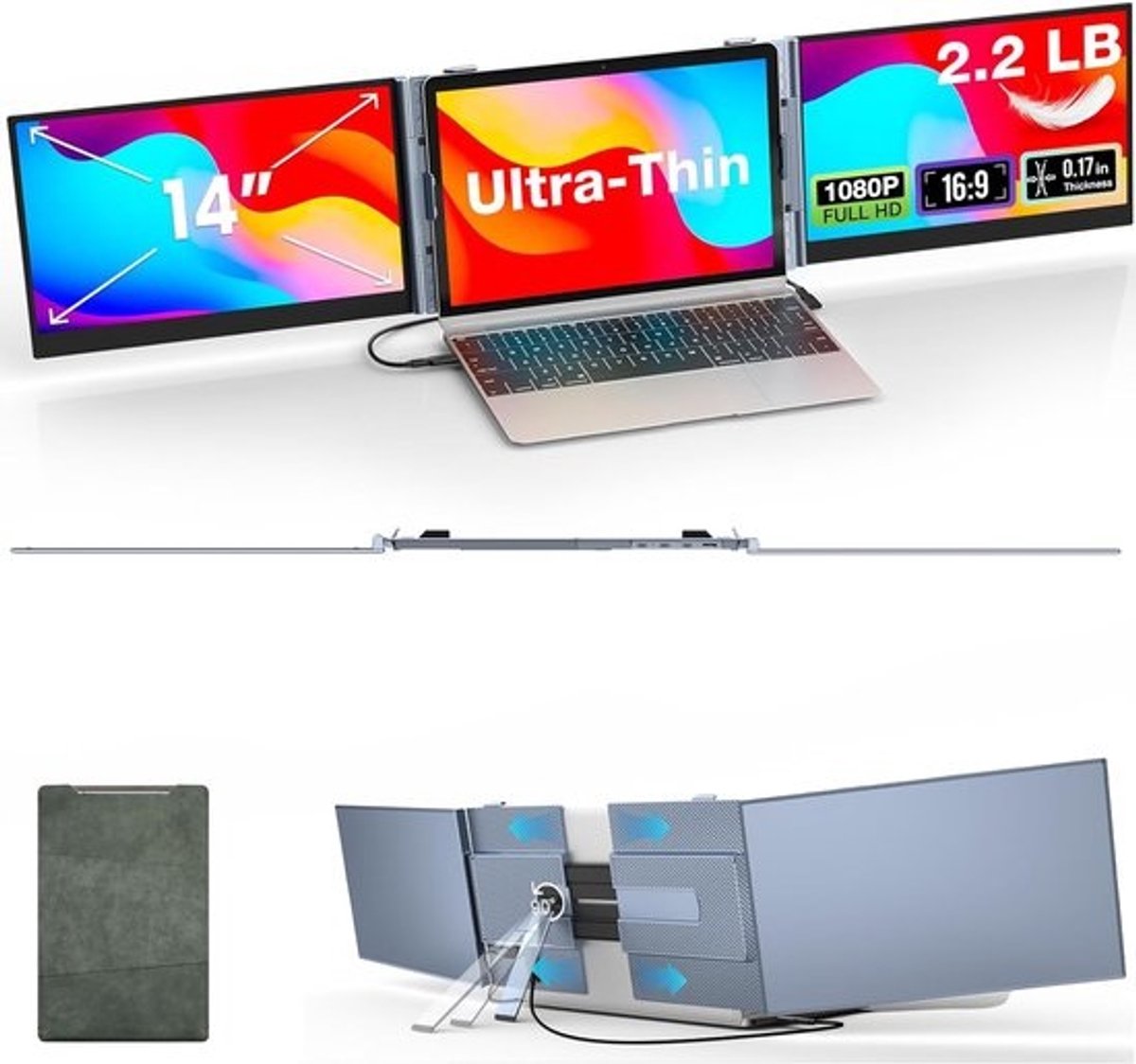 14 Inch Draagbare Monitor voor Laptop - Full HD 1080p Externe Display Dual/Triple Scherm