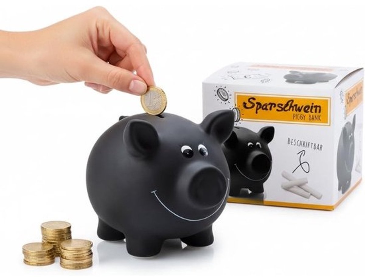 Set van 2 Zwarte Spaarvarkens van Keramiek met Slot en Sleutel | Beschrijfbaar Oppervlak