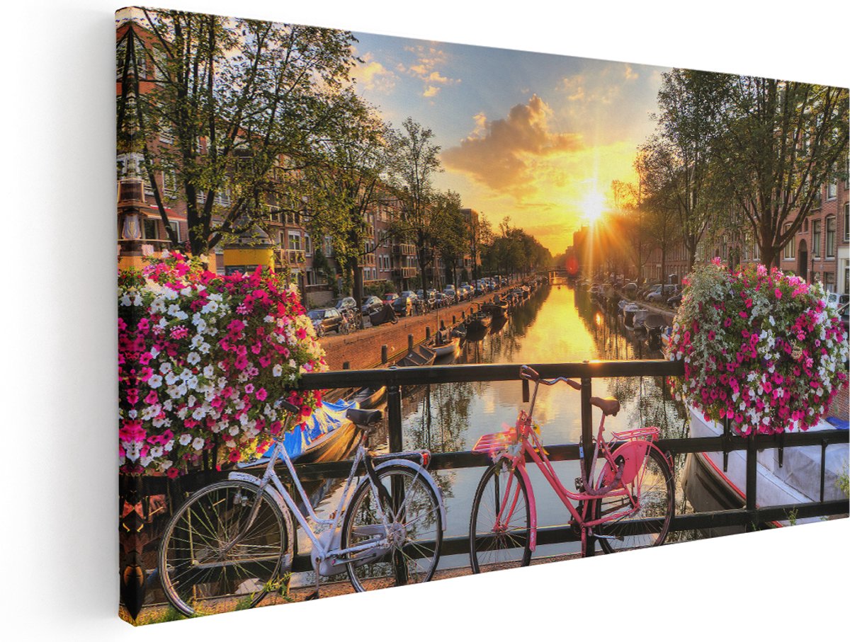 Artaza Canvas Schilderij Amsterdamse Brug Met Zonsopgang - 180x90 cm - Groot - Wanddecoratie Woonkamer - Schilderijen - Muurdecoratie