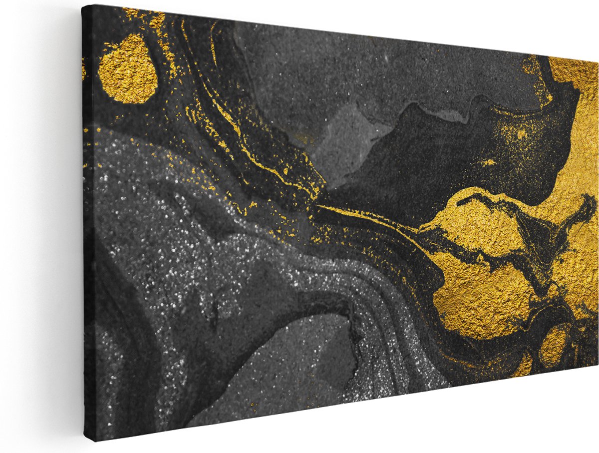 Artaza Canvas Schilderij Abstracte Kunst - Zwart Gouden Marmer - 180x90 cm - Groot - Wanddecoratie Woonkamer - Schilderijen - Muurdecoratie