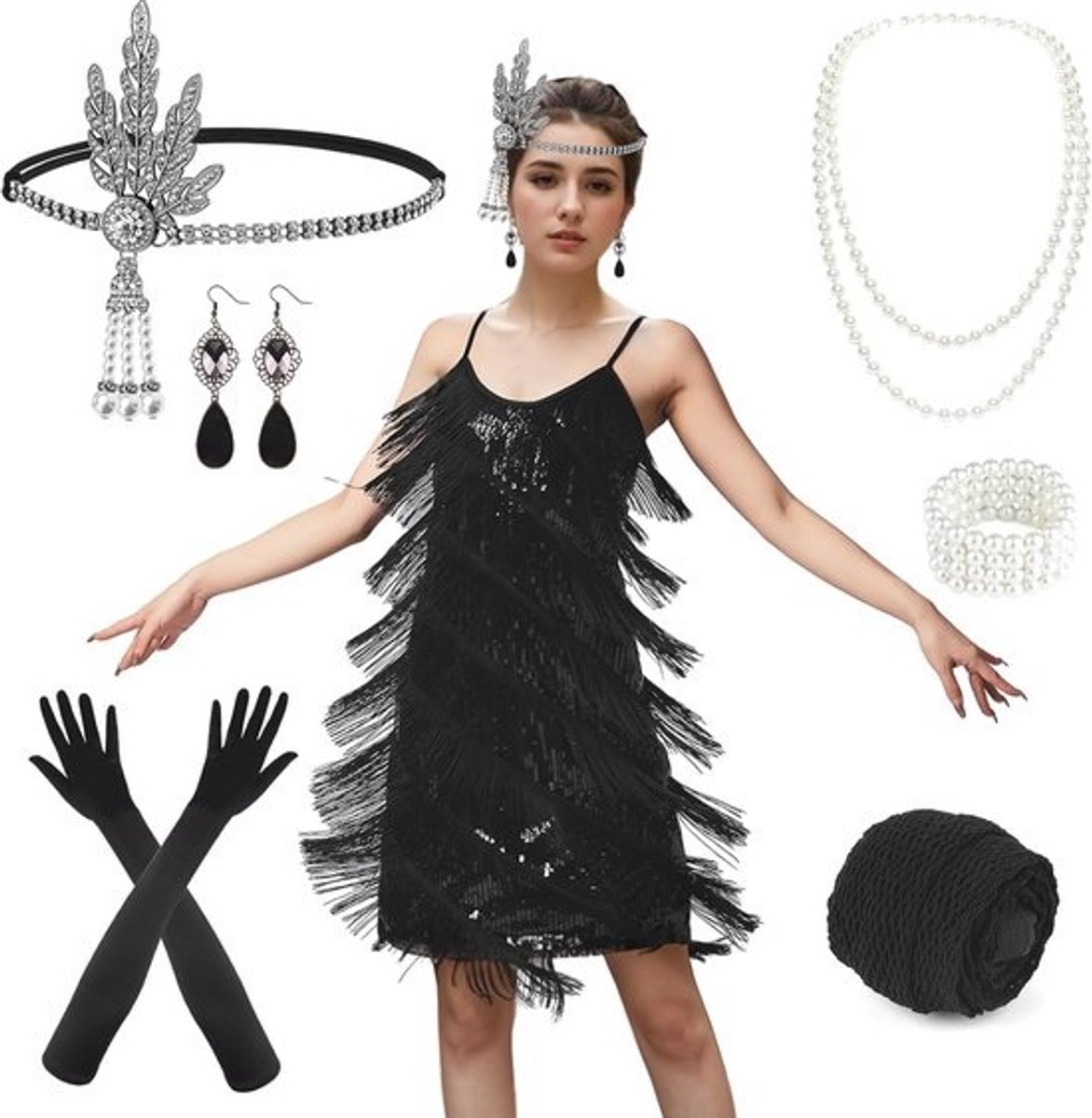 1920s Gatsby Dress Voor Dames - Vintage Flapper Cocktail Party Jurk met Sequins en Fringe - Accessoire Set voor Avondprom