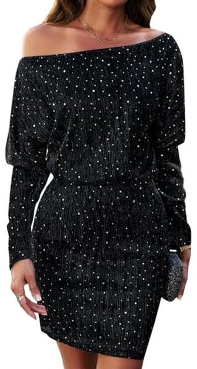 Elegante schoudervrije bodycon mini-jurk voor dames met pailletten en lange mouwen