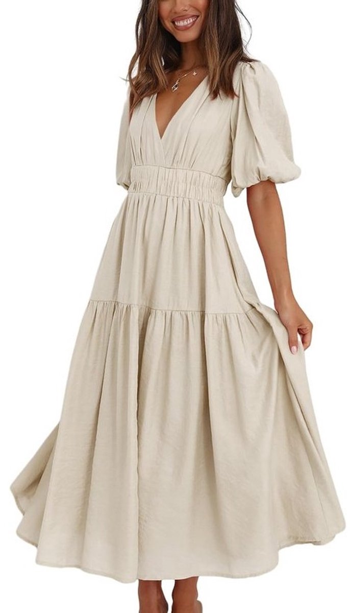 Diepe V-hals Puff Korte Mouw Gelaagde Jurk voor Dames - Elastische Hoge Taille Midi-Jurk