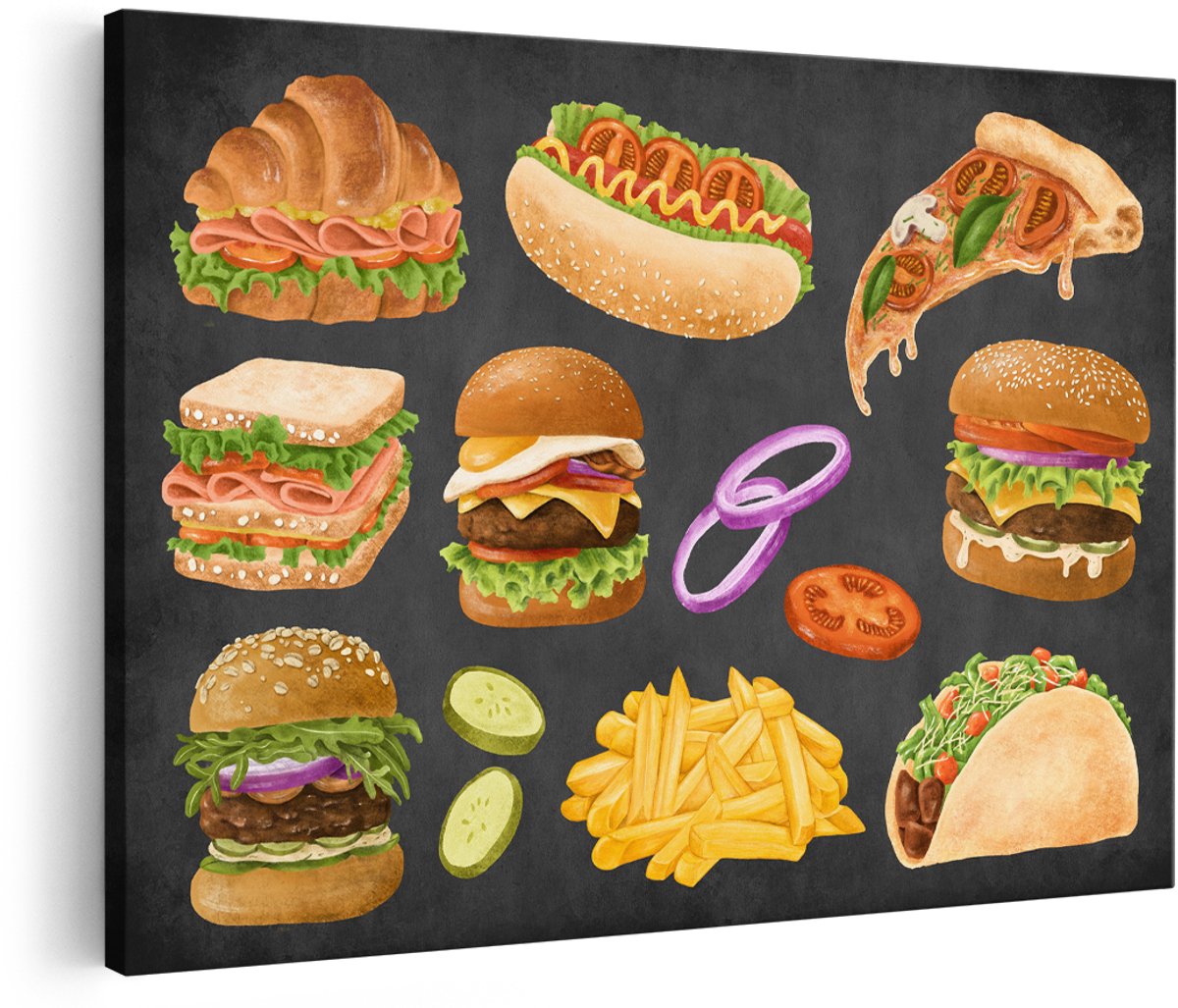 Artaza Canvas Schilderij Fastfood - 150x100 cm - Groot - Wanddecoratie Hamburger - Muurdecoratie Keuken - Decoratie Aquarel Eten