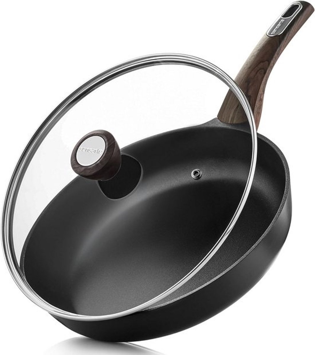 Koekenpan met Deksel - Koekenpan Koekenpan - Gezond Koken - Dubbele Punt Anti-aanbaklaag - 28 cm - Zwart