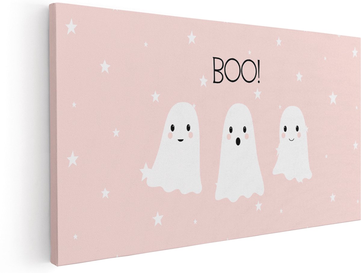 Artaza Canvas Schilderij Schattige Spoken - 140x70 cm - Groot - Wanddecoratie Babykamer - Muurdecoratie Sterren - Decoratie Roze - Kamer Accessoires