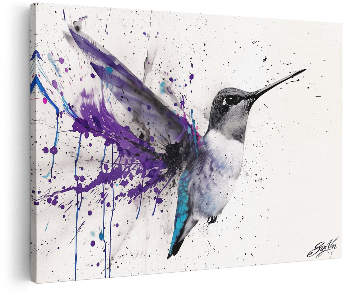 Artaza Canvas Schilderij Kolibrie met Paarse Verfspatten - Dieren - 150x100 cm - Groot - Wanddecoratie Woonkamer - Schilderijen - Muurdecoratie