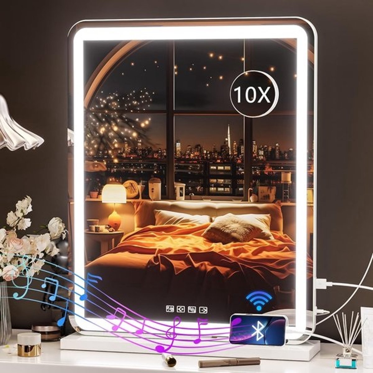 Verlichte Make-up Spiegel met Bluetooth Speaker en 10X Vergroting