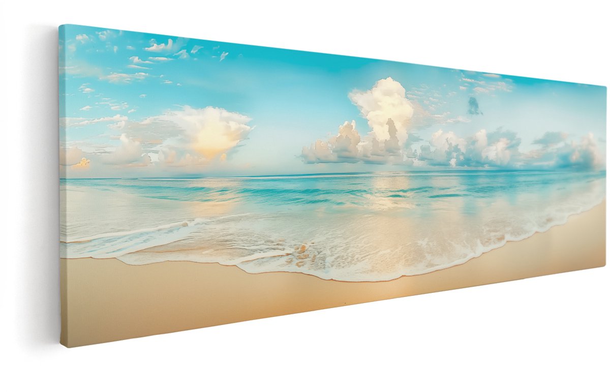 Artaza Canvas Schilderij Strand met Golven en Wolken - 150x50 cm - Groot - Wanddecoratie Woonkamer - Schilderijen - Muurdecoratie