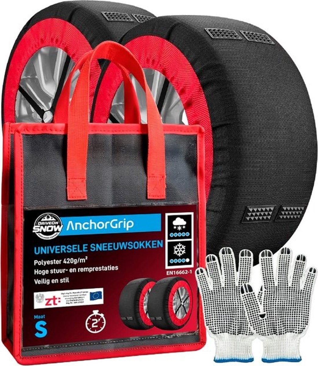 Sneeuwsokken voor Auto en Camper, Gekeurd EN 16662-1 - Polyester 420 g/m² met Antislip voor Tractie, Stabiliteit en Veiligheid op Sneeuw en IJzel tot 40 km/u