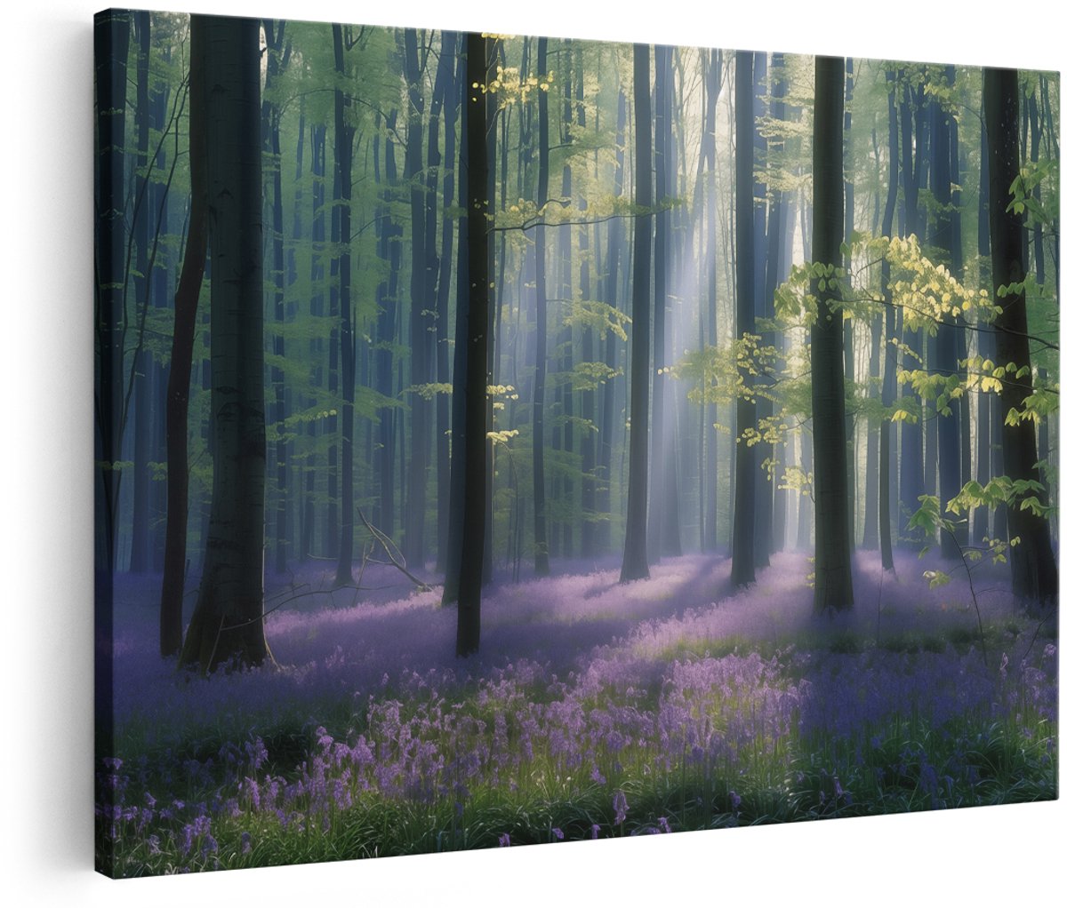 Artaza Canvas Schilderij Paars Bos met Zonlicht door de Bomen - Landschap - 150x100 cm - Groot - Wanddecoratie Woonkamer - Schilderijen - Muurdecoratie