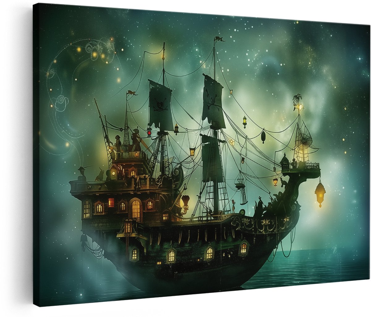 Artaza Canvas Schilderij Piratenschip in de Oceaan - 150x100 cm - Groot - Wanddecoratie Woonkamer - Schilderijen - Muurdecoratie