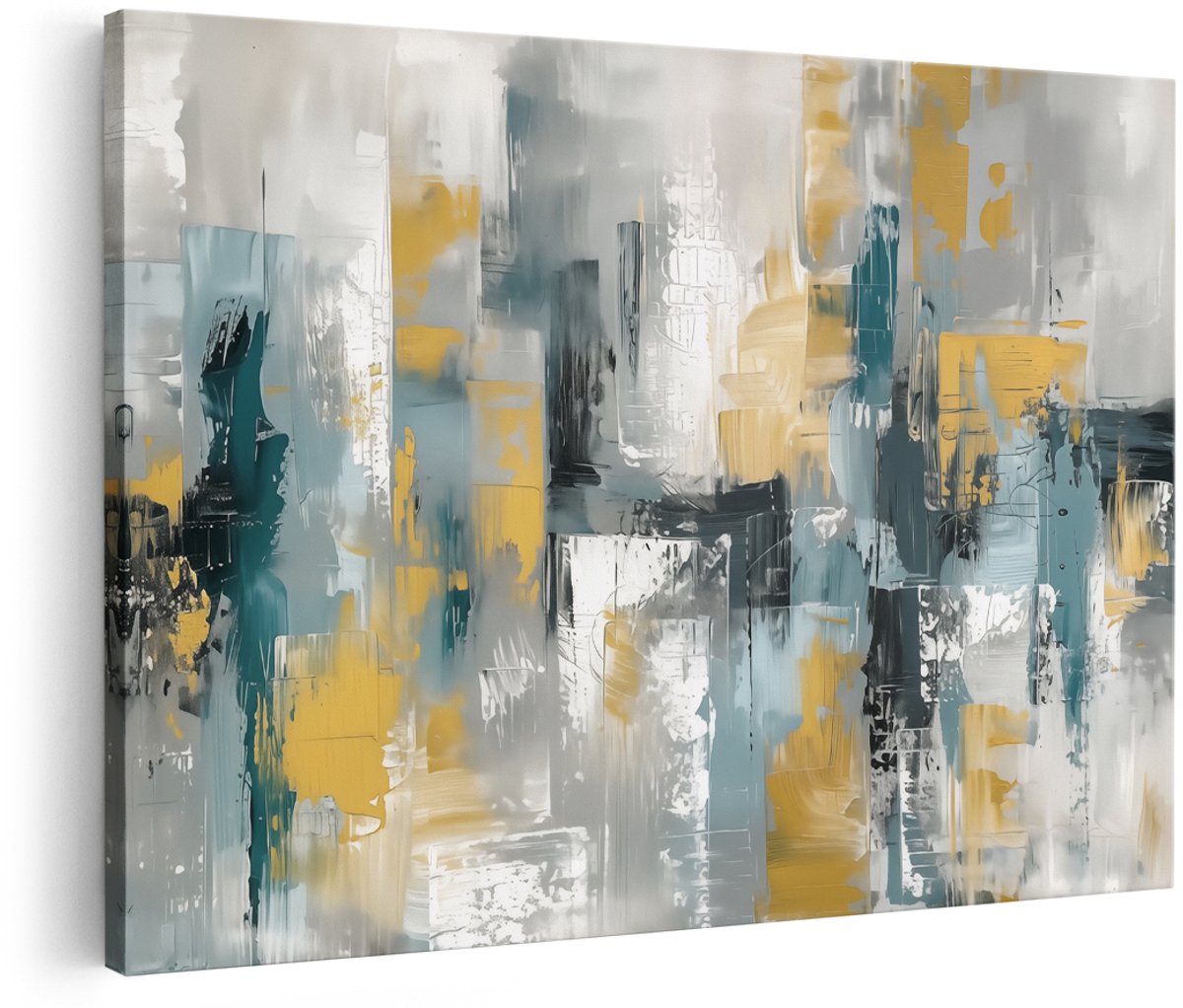 Artaza Canvas Schilderij Abstract Kunstwerk met Gele, Blauwe en Grijze Kleuren - 150x100 cm - Groot - Wanddecoratie Woonkamer - Schilderijen - Muurdecoratie