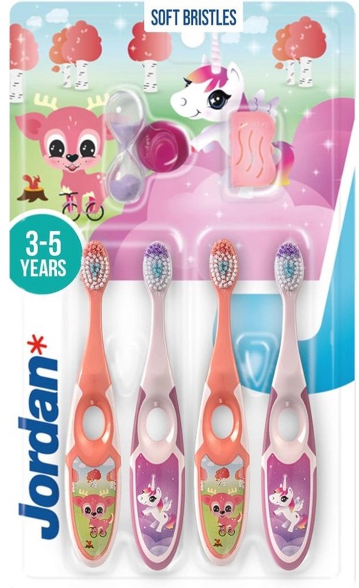 Zachte Kinder Tandenborstel voor 3 tot 5 Jaar - Ergonomisch en BPA-vrij, Dubbele Handgreep, Roze en Geel, Pack van 4