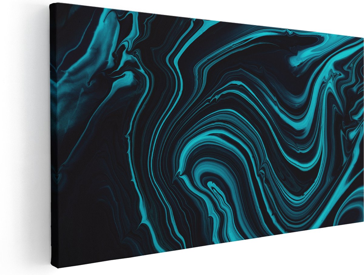 Artaza Canvas Schilderij Abstracte Kunst - Aqua Blauw met Zwart - 140x70 cm - Groot - Wanddecoratie Woonkamer - Schilderijen - Muurdecoratie