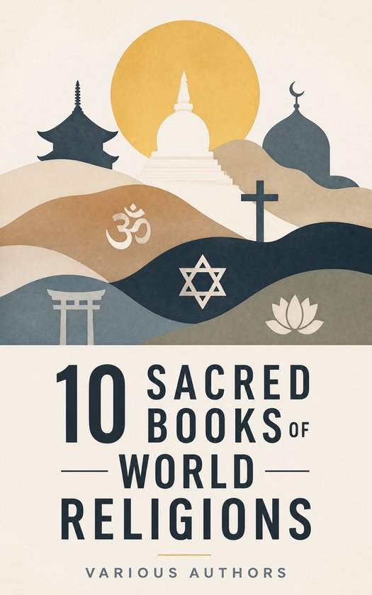 Couverture du livre : '10 Sacred Books of World Religions' avec des symboles du bouddhisme, christianisme, hindouisme, islam, judaïsme et shinto.