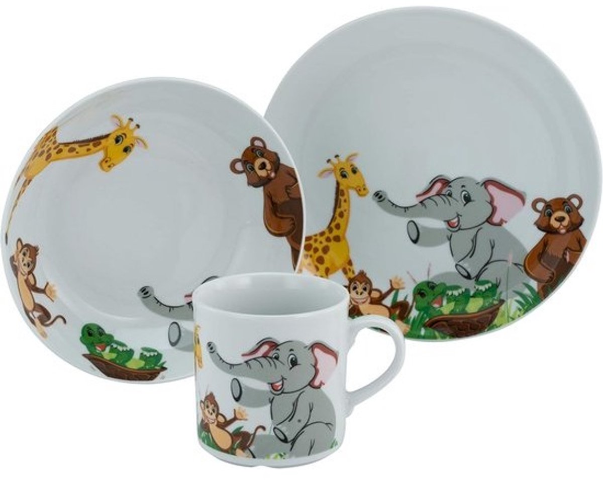 3-Delige Porseleinen Kinderservies Set met Dierenprint, Mildbaar en Magnetronbestendig