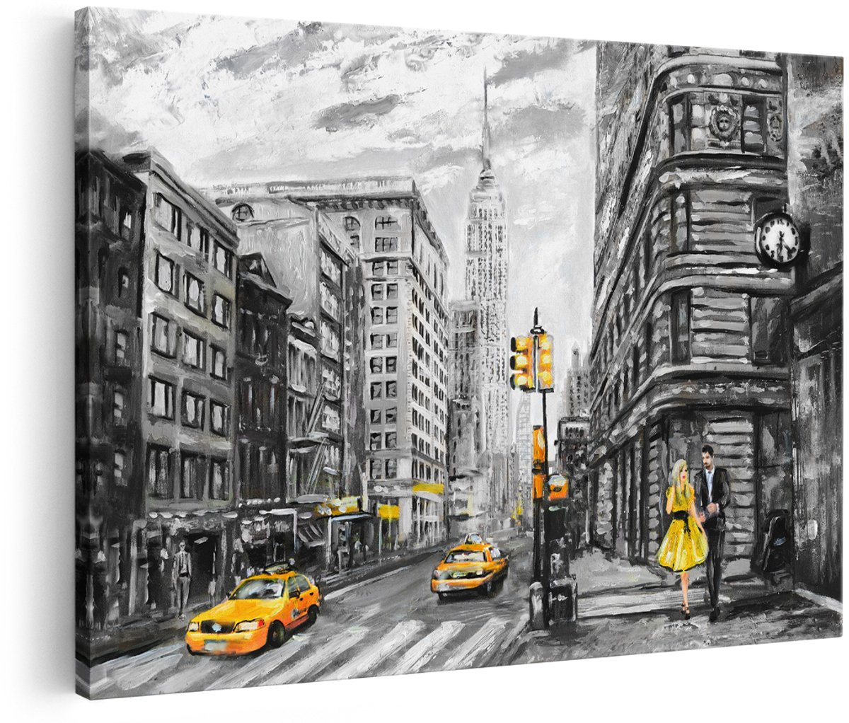 Artaza Canvas Schilderij Geschilderde New York Tekening - Zwart Wit - 150x100 cm - Groot - Wanddecoratie Woonkamer - Schilderijen - Muurdecoratie