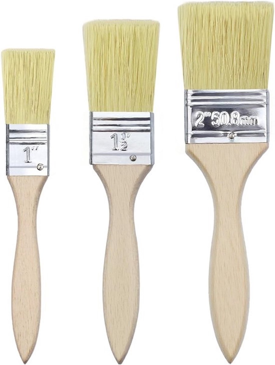 Set van 3 Verfkwasten met Houten Handvatten voor Schilderwerk