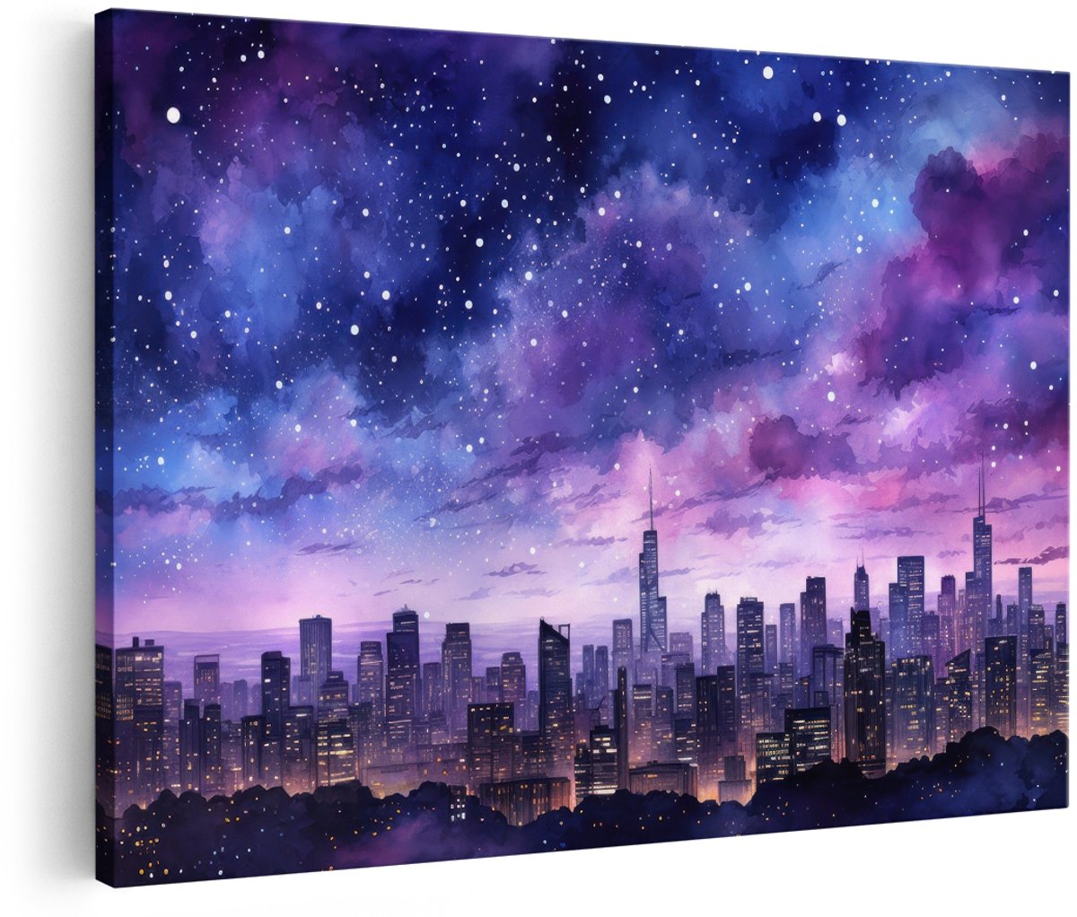 Artaza Canvas Schilderij Skyline - 150x100 cm - Groot - Wanddecoratie Sterrenhemel - Muurdecoratie Stad Nacht - Decoratie Aquarel Paars