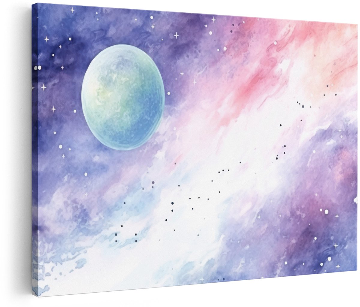 Artaza Canvas Schilderij Abstract Heelal - 150x100 cm - Groot - Wanddecoratie Planeet En Sterren - Muurdecoratie Aquarel - Schilderijen Op Canvas Pastel