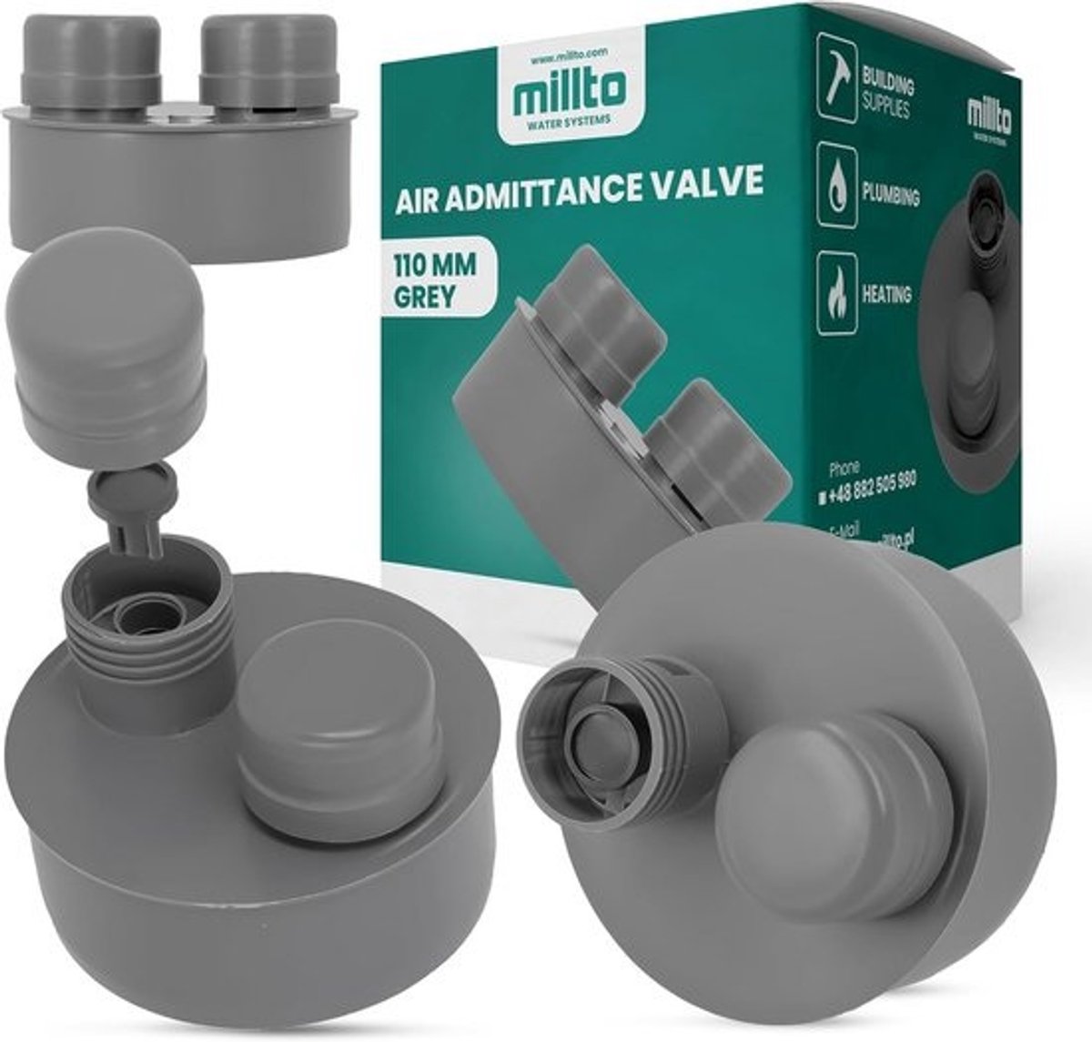 Afvoerbeluchter - Ventilatieventiel Beluchter - Sanitaire Druk Stabiliseren - Voorkomt Geuren Microben - 110 mm - Grijs