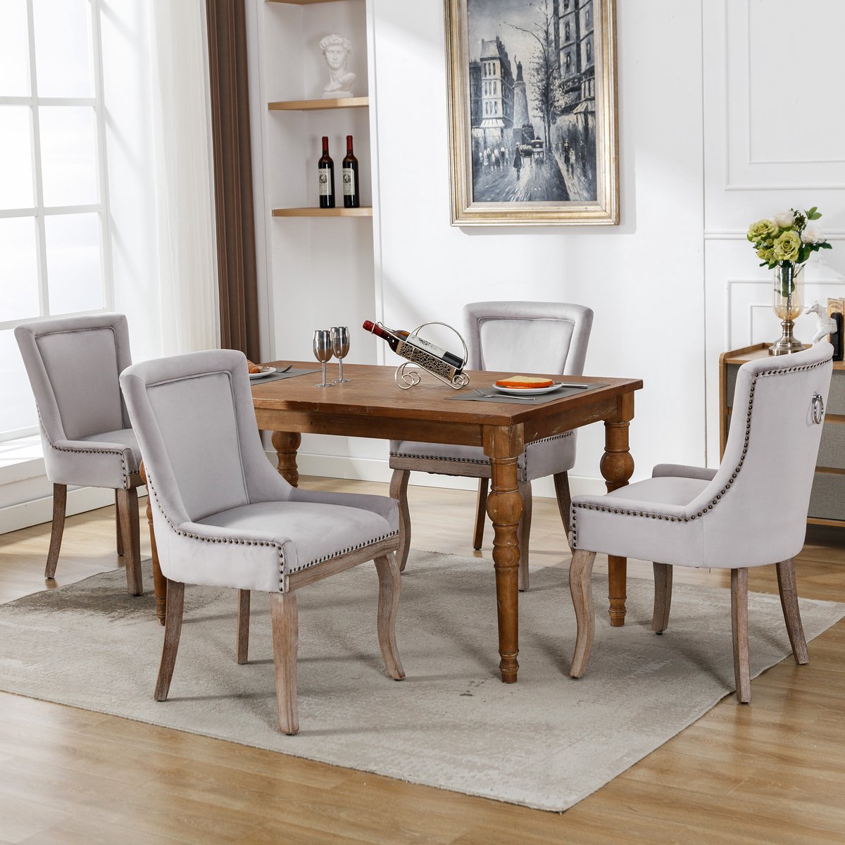 Welltin Eetkamerstoelen Set van 4 - Luxe Stoel - Velvet Stoel - Gestoffeerde Stoel - Keukenstoel - Woonkamerstoel - Stoel met Nagelkopdetails - Massief Houten Poten - Moderne Design Stoel - Grijs