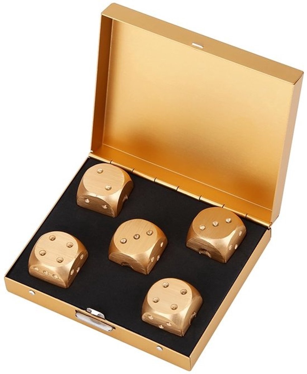 Golden crown - 5-delige Tafelspel Dobbelstenen Set - Aluminium Dobbelstenen - Hoogwaardige Opbergdoos - Goud - Perfect voor Poker en Tafelspellen - Gesc...