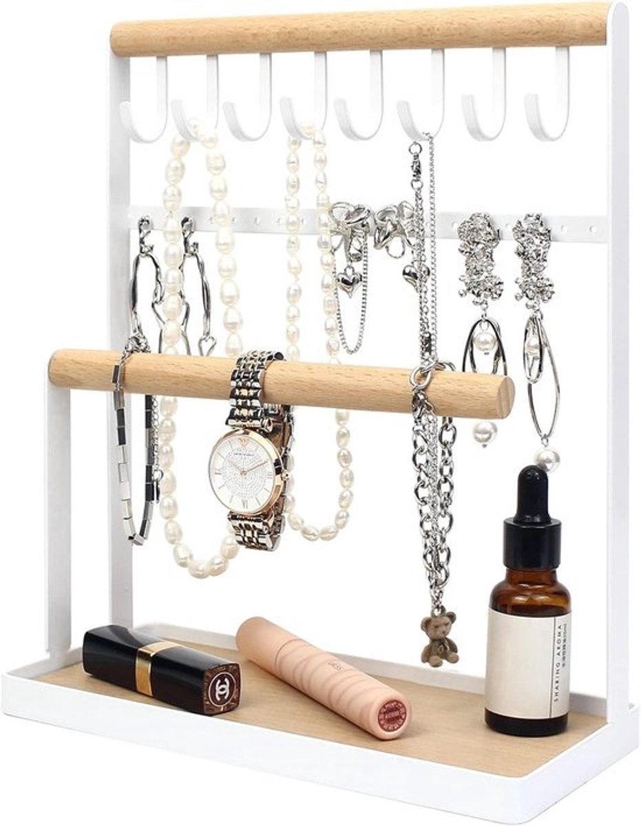 Sieradenstandaard - Juwelenhouder - Sieraden Organiseren - Houten Basis Metaal - 26.5cm Hoog - Wit