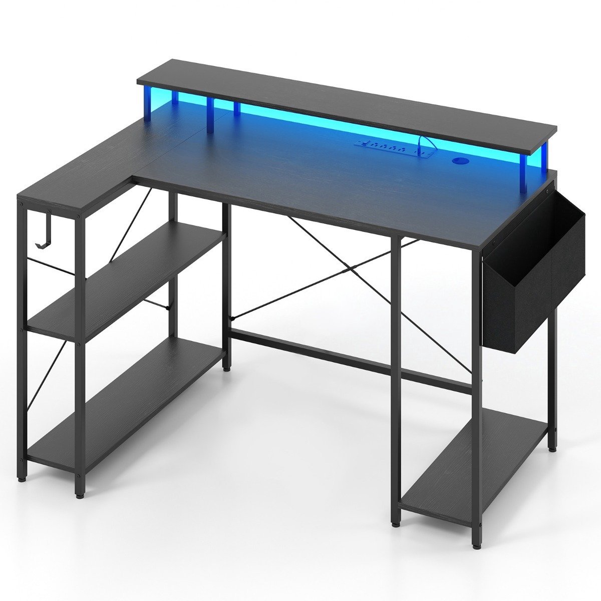 SureDeal® - L-Vormig Gaming Bureau met LED & Stopcontacten - Hout & Metaal - 120x80x87 cm - Zwart - Hoek Computertafel