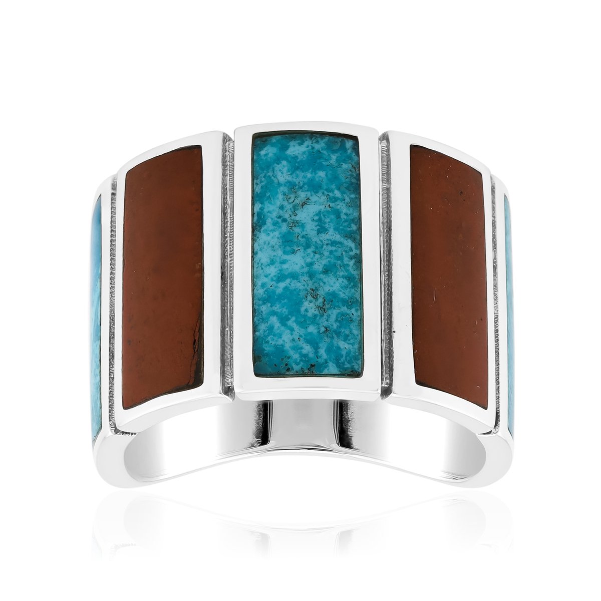 Cavill - 925 Sterling Zilver Ring met Blauwe Kingman Mohave Turkoois & Rode Jaspis - Geoxideerd - Handgemaakte Baguette Inlay - Brede Edelstenen Ring