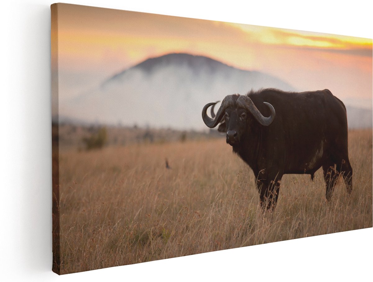 Artaza Canvas Schilderij Buffel in het Gras - 160x80 cm - Groot - Wanddecoratie Woonkamer - Schilderijen - Muurdecoratie