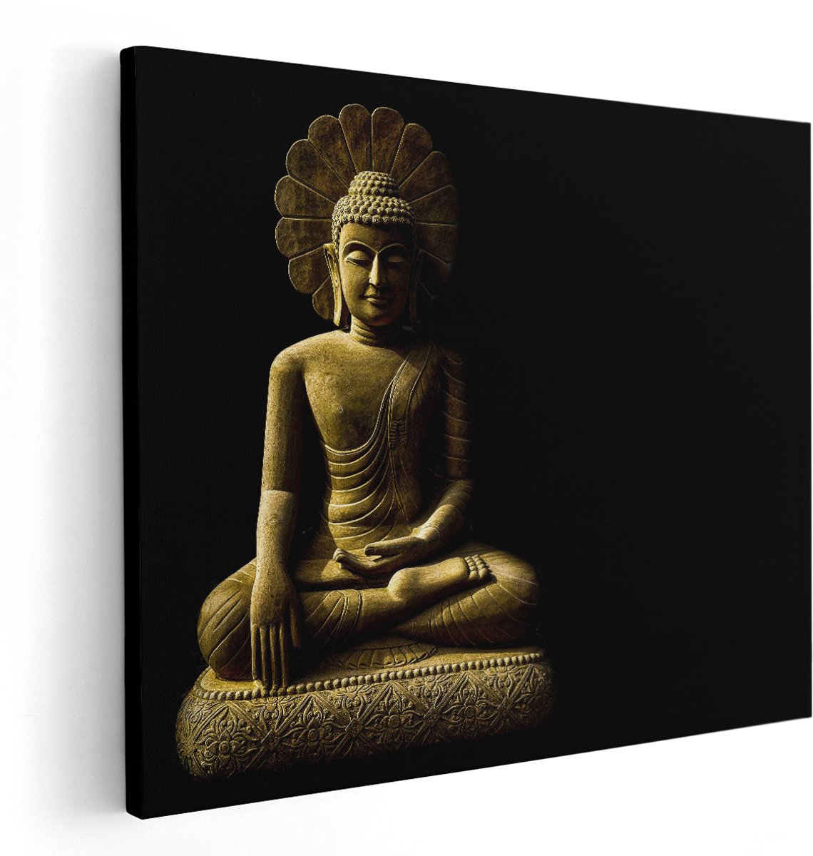 Artaza Canvas Schilderij Gouden Boeddha Beeld In Meditatie - 150x120 cm - Groot - Wanddecoratie Woonkamer - Schilderijen - Muurdecoratie