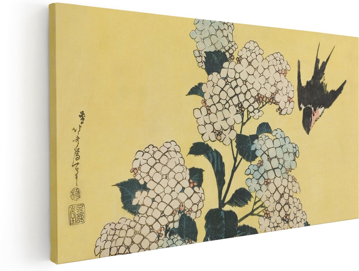 Artaza Canvas Schilderij Zwaluw - 160x80 cm - Groot - Wanddecoratie Vogels Japandi - Muurdecoratie Hortensia - Vintage Bloemen Kamer Accessoires