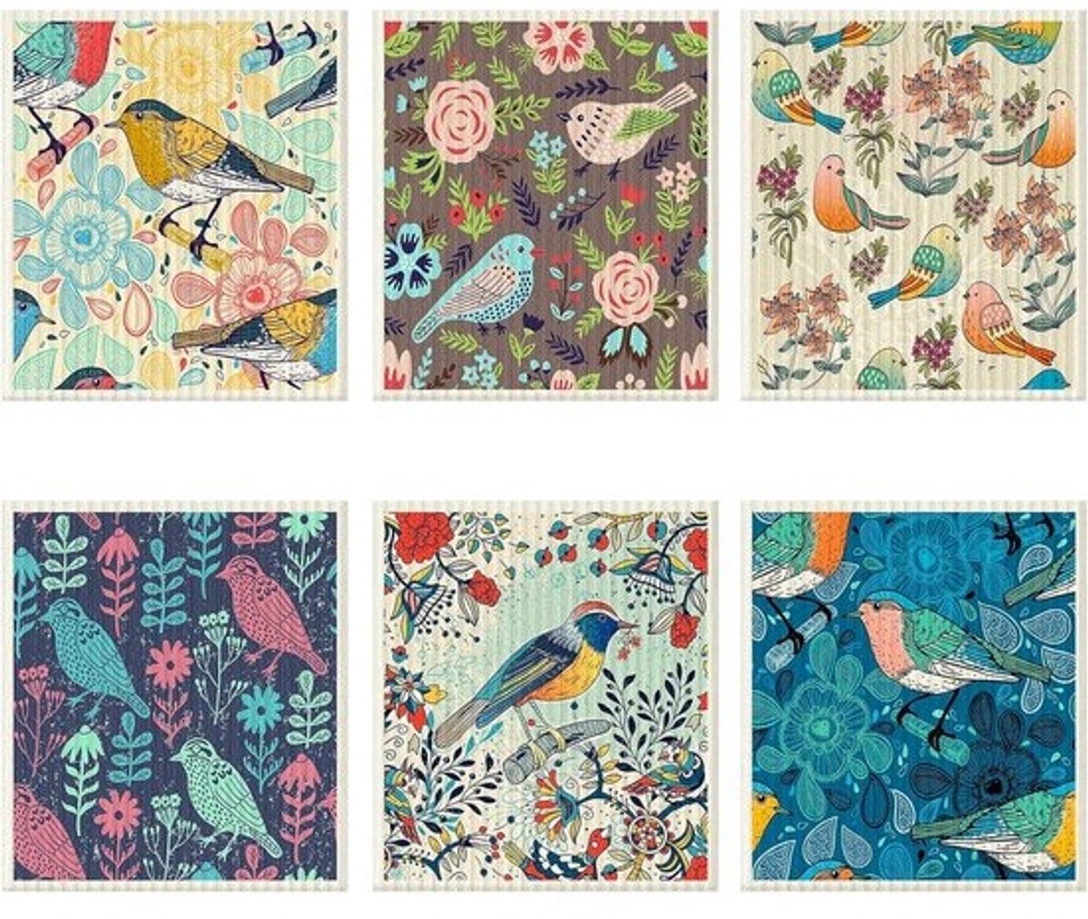 6x Zachte, Absorberende Keukendoeken met Bloemen- en Vogelprint - Herbruikbare Theedoeken