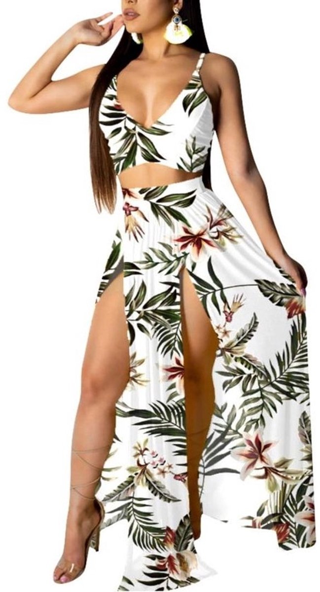Twee-delige Chiffon Outfit met Diepe V-Hals en High Split Maxirok