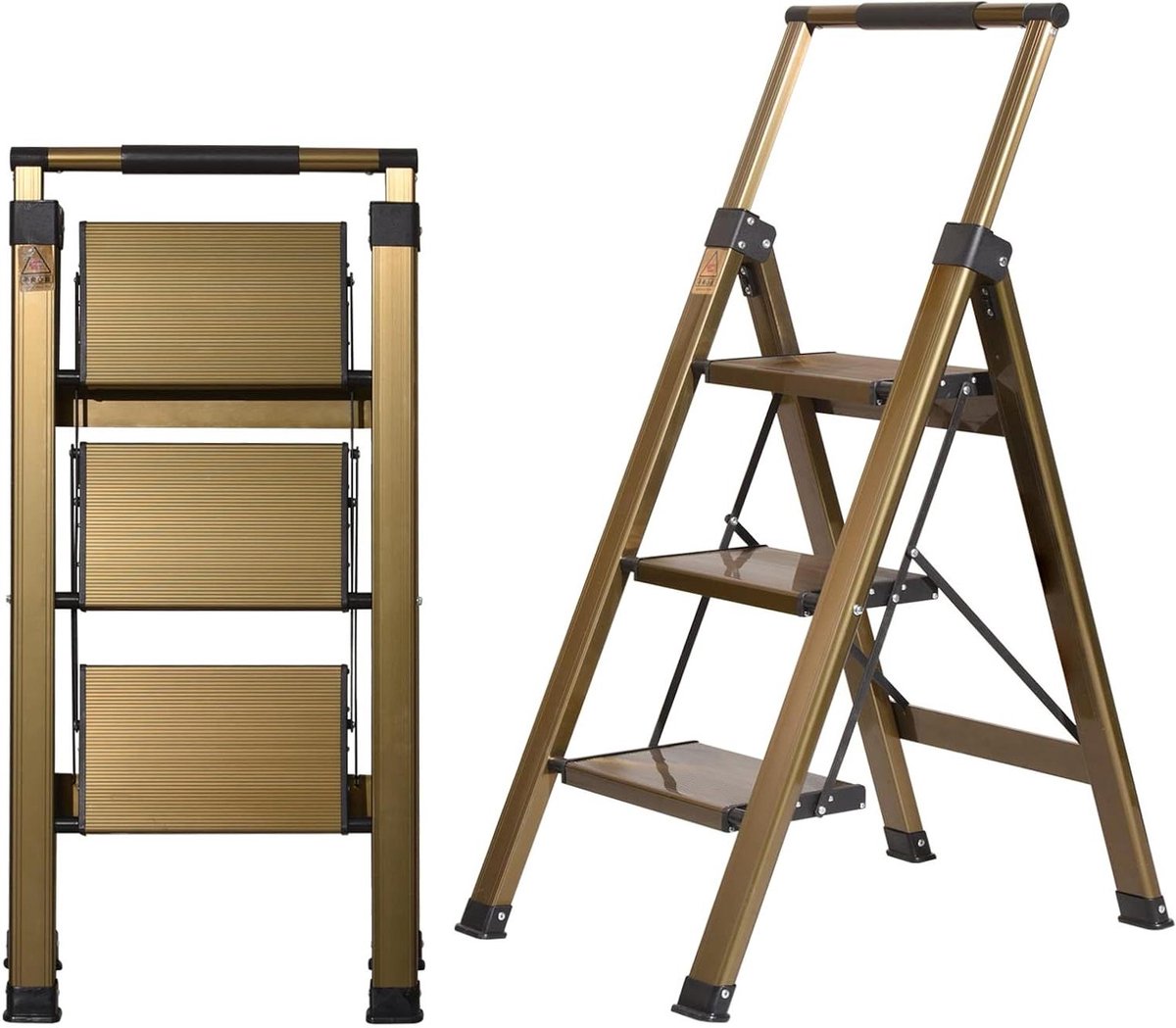 Trapladder 3 treden - Vouwladder aluminium - Veilig werken - Met leuning en opbergvak - 150 kg belastbaar - Champagne goud