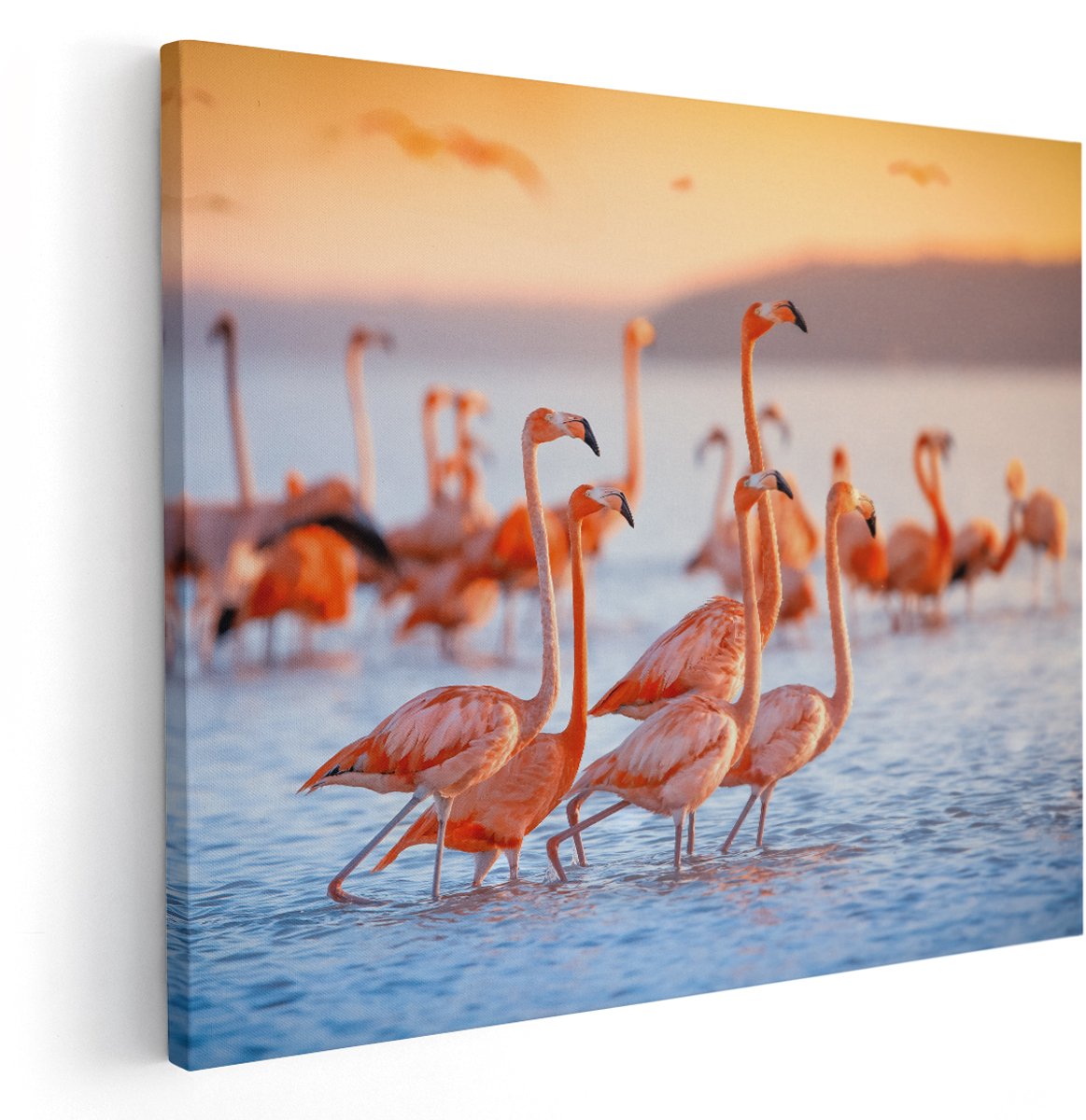 Artaza Canvas Schilderij Kudde Flamingo's in het Water - 150x120 cm - Groot - Wanddecoratie Woonkamer - Schilderijen - Muurdecoratie