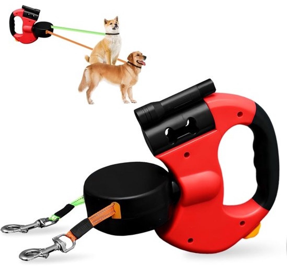 Dubbele Hondenriem - Dubbele Rollijn - Twee Honden Uitlaaten - 360° Rotatie - 3 Meter Lengte - Rood