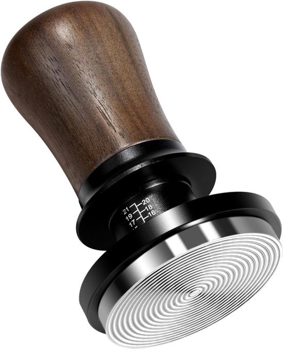 54mm zelfnivellerende tamper met drukregeling - roestvrijstaal basis en walnoothout handvat
