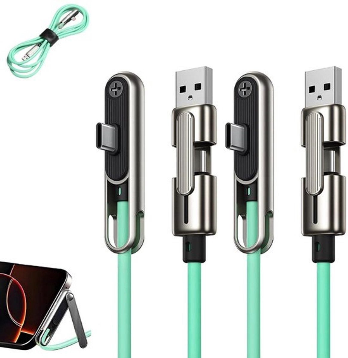 Oplaadkabel met standaard - Multi laadkabel - Handsfree kijken - 240W snelladen - 1.5 meter - Groen
